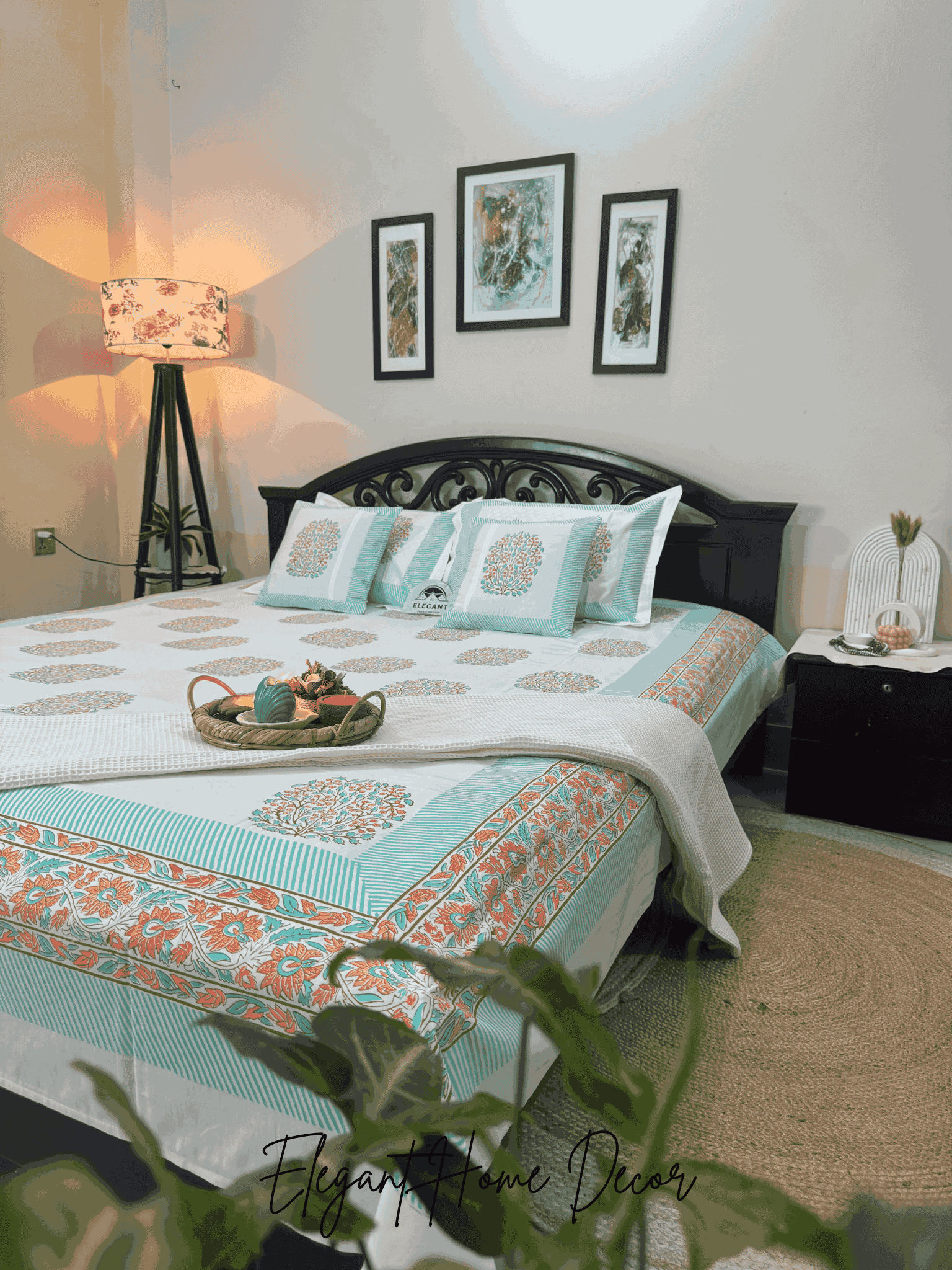 Hand Block Jaipuri Bedsheet white